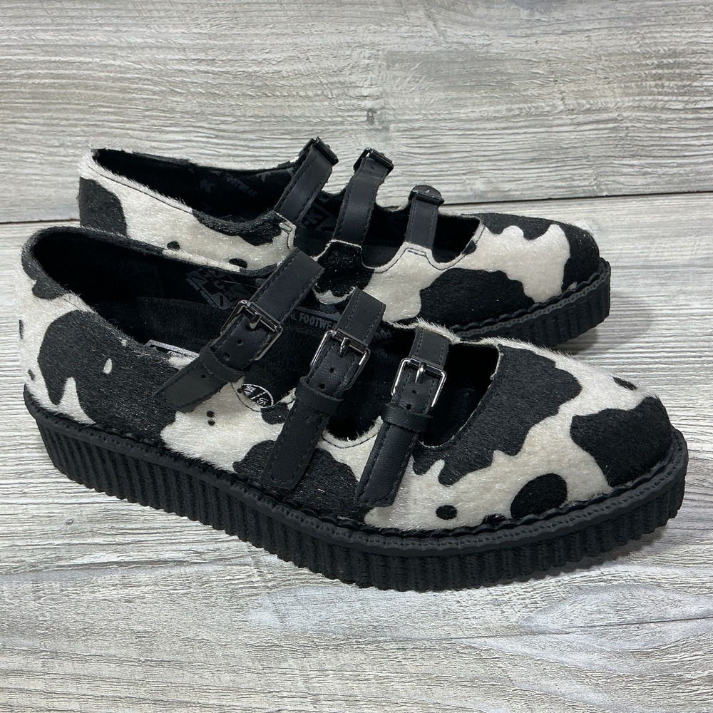 TUK Platform Creepers Size 6 Black & White Cow Print 3-Strap Pointed Mary Janes